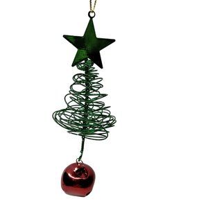 Green  Christmas Tree Ornament Red Jingle Bell Star Metal Spiral Wire